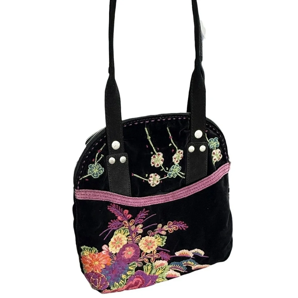 Y2k Lucky Brand Embroidered‎ Purse Velvet Suede Shoulder Bag Rare Floral
